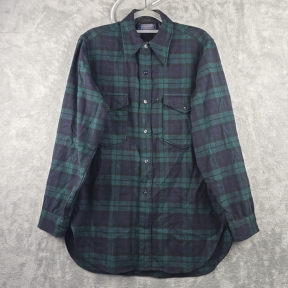 Vintage Pendleton Wool Shacket Mens Medium 15.5 Black Watch Tartan 60s 70's